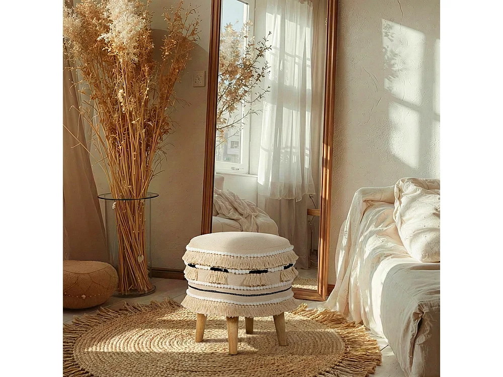 Taburete Puff Redondo - Estilo Boho Bali - Juliet  Crema