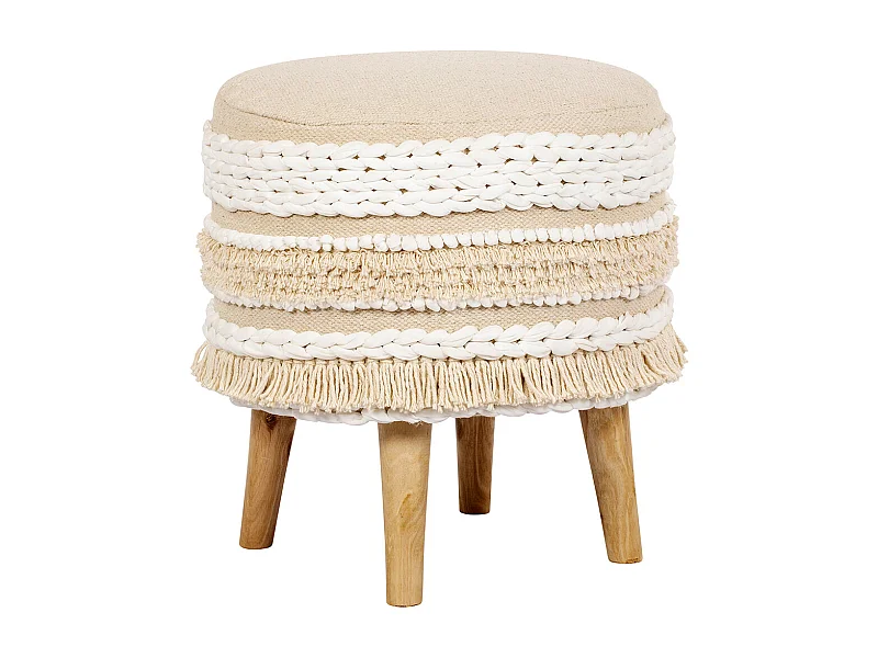 Tabouret Pouf Rond - Style Boho Bali - Ivy  Ivoire