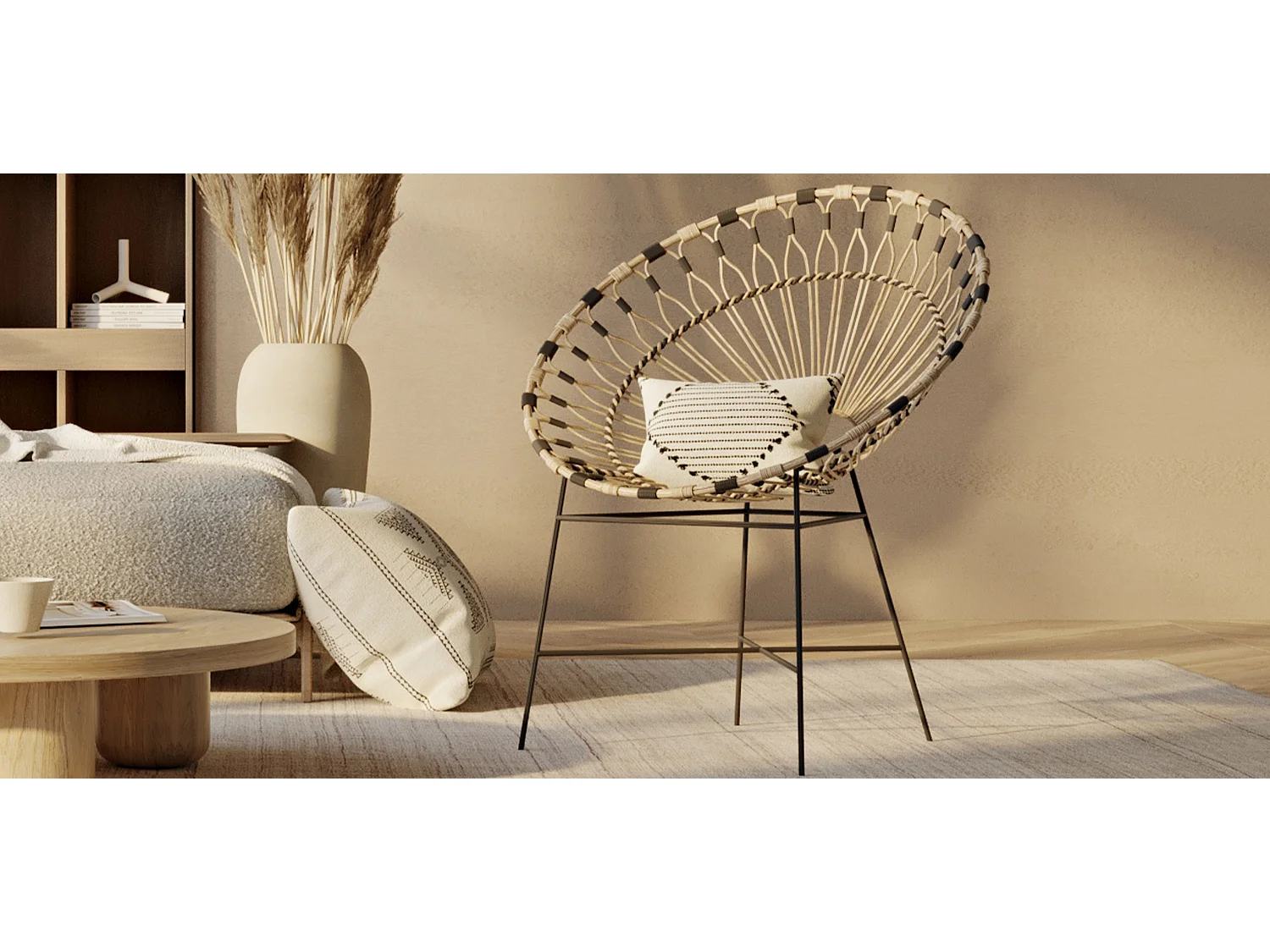 Chaise d'extérieur ronde en rotin synthétique - Design Boho Bali - Elsa Naturel