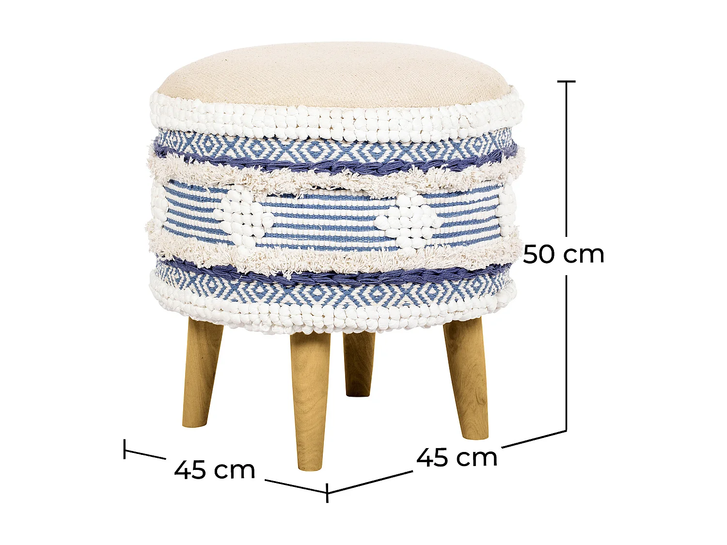 Tabouret Pouf Rond - Style Boho Bali - Josephine  Bleu