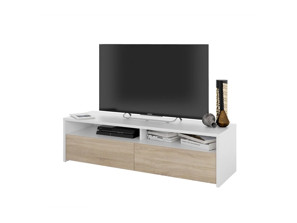 Meuble TV 2 portes battantes et 2 niches de rangement Kioto - L130 cm