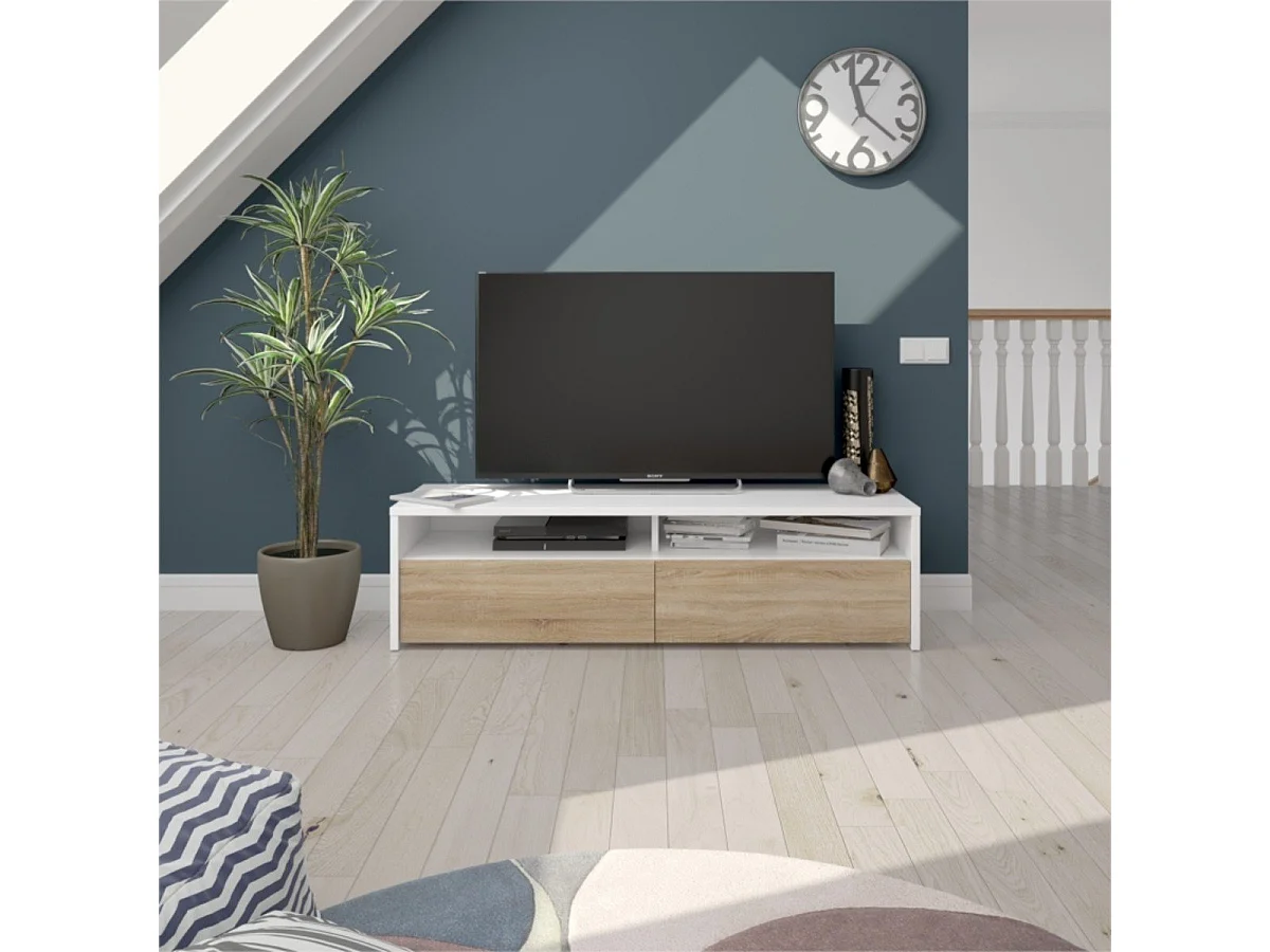Meuble TV 2 portes battantes et 2 niches de rangement Kioto - L130 cm