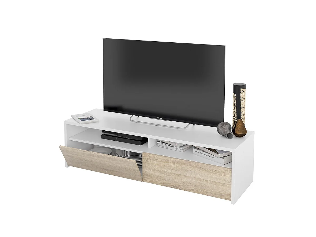 Meuble TV 2 portes battantes et 2 niches de rangement Kioto - L130 cm