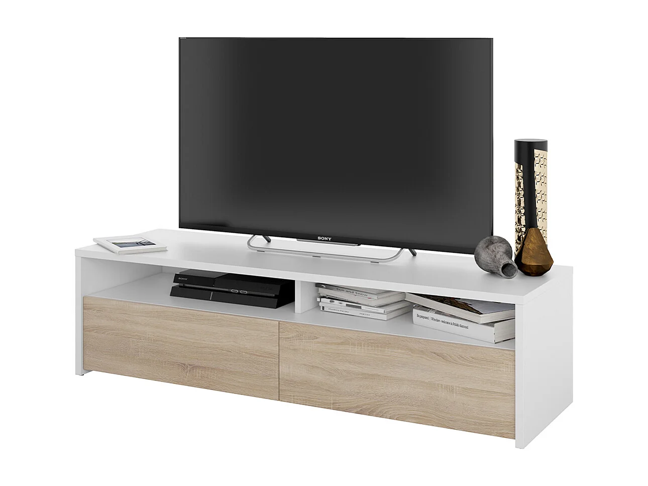 Meuble TV 2 portes battantes et 2 niches de rangement Kioto - L130 cm