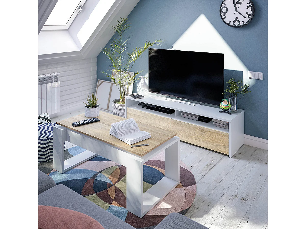 Meuble TV 2 portes battantes et 2 niches de rangement Kioto - L130 cm