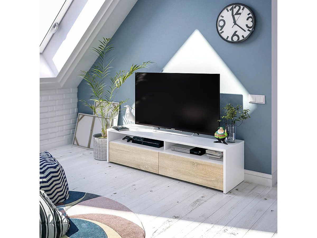 Meuble TV 2 portes battantes et 2 niches de rangement Kioto - L130 cm
