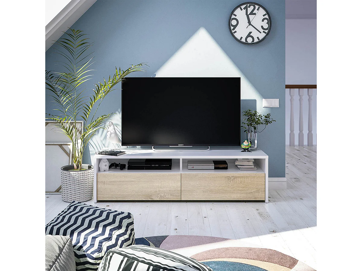 Meuble TV 2 portes battantes et 2 niches de rangement Kioto - L130 cm