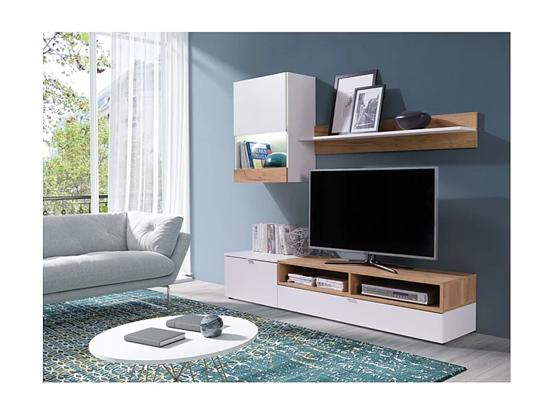 Meuble TV 2 portes avec étagère et colonne murale Romy