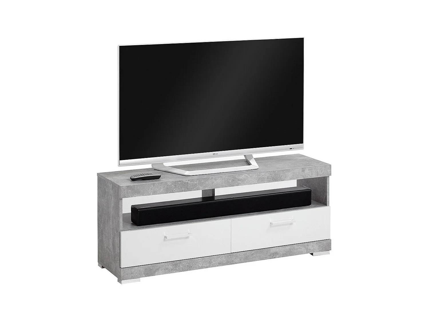 Meuble TV / Hi-FI 2 Tiroirs Gris Béton et Blanc L120 cm - Bristol