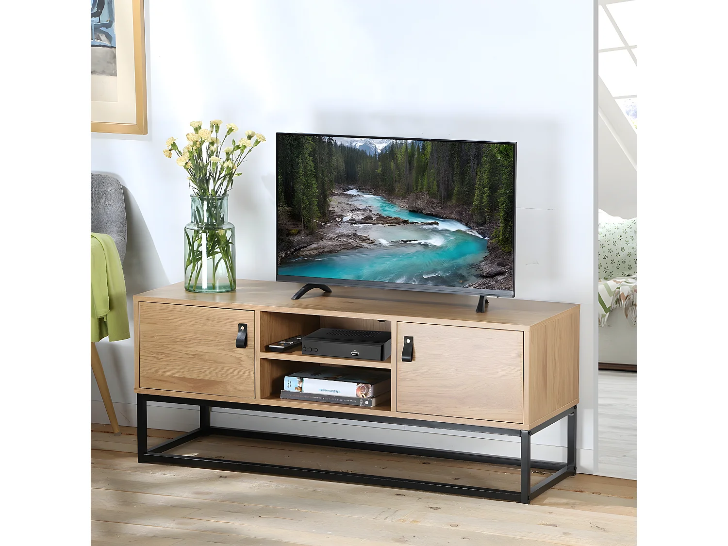 Mueble de TV acabado roble 2 puertas y baldas centrales - 120 cm