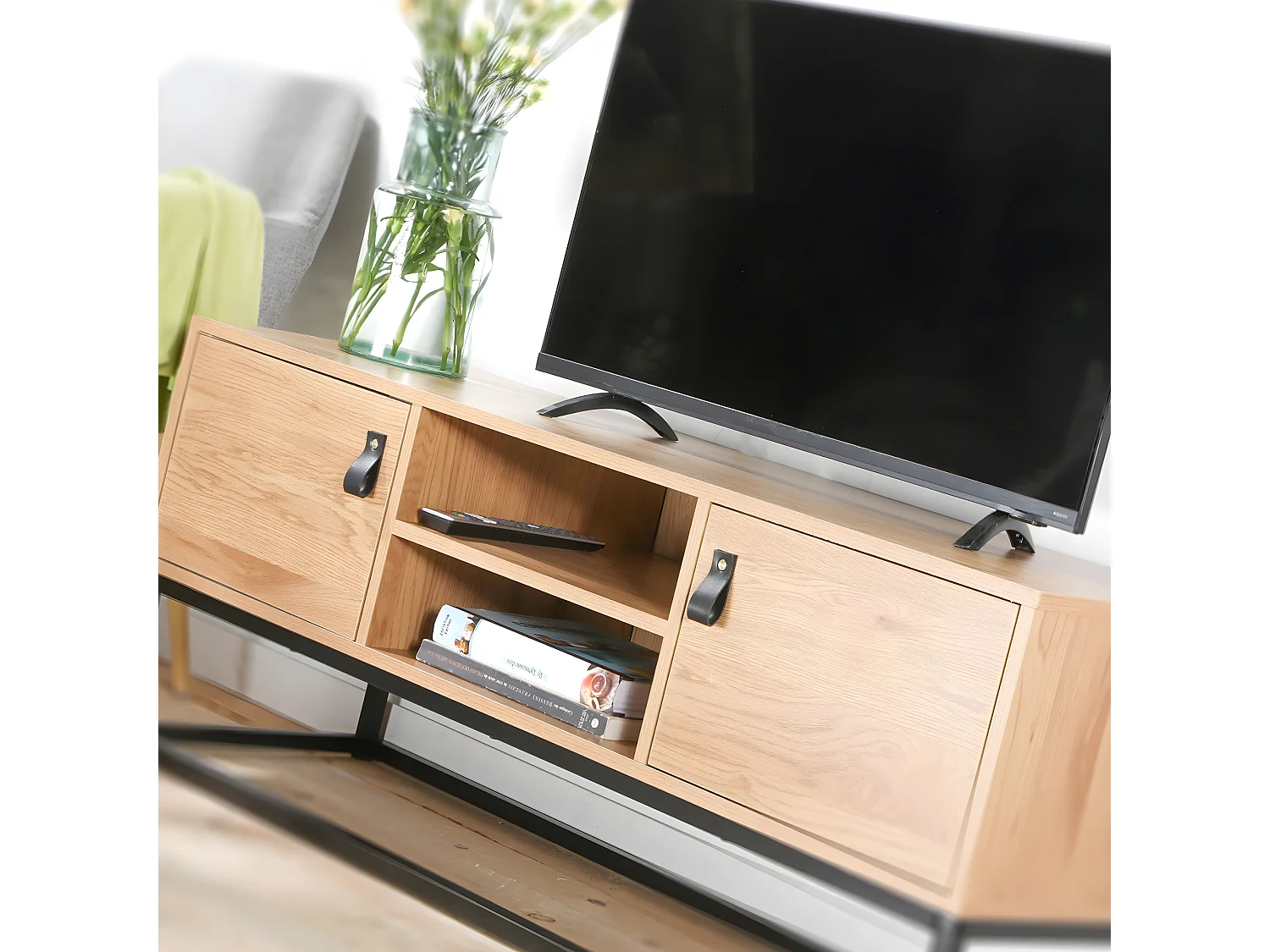 Mueble de TV acabado roble 2 puertas y baldas centrales - 120 cm