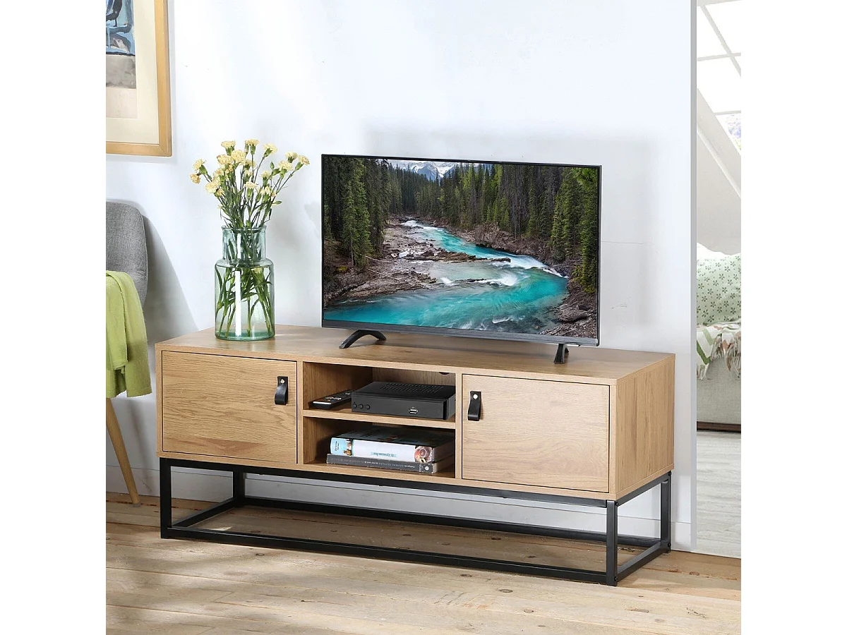 Meuble TV Décor Chêne 2 Portes 2 Niches L120 cm - JILL
