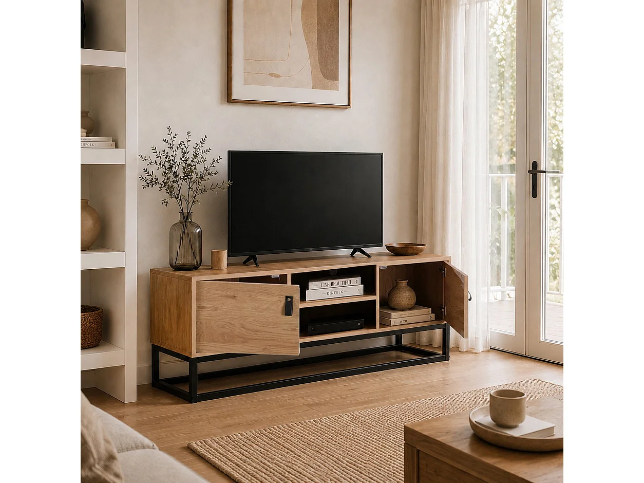 Meuble TV Décor Chêne 2 Portes 2 Niches L120 cm - JILL
