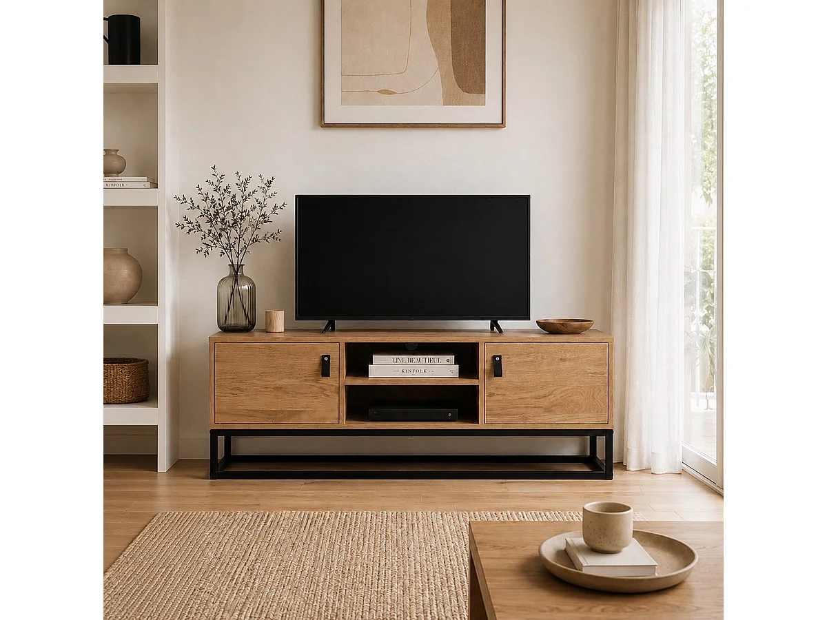Meuble TV Décor Chêne 2 Portes 2 Niches L120 cm - JILL