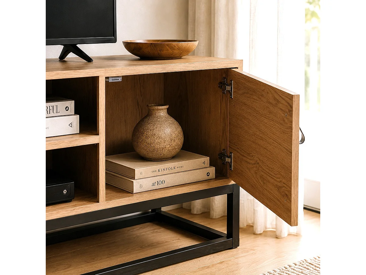 Meuble TV Décor Chêne 2 Portes 2 Niches L120 cm - JILL