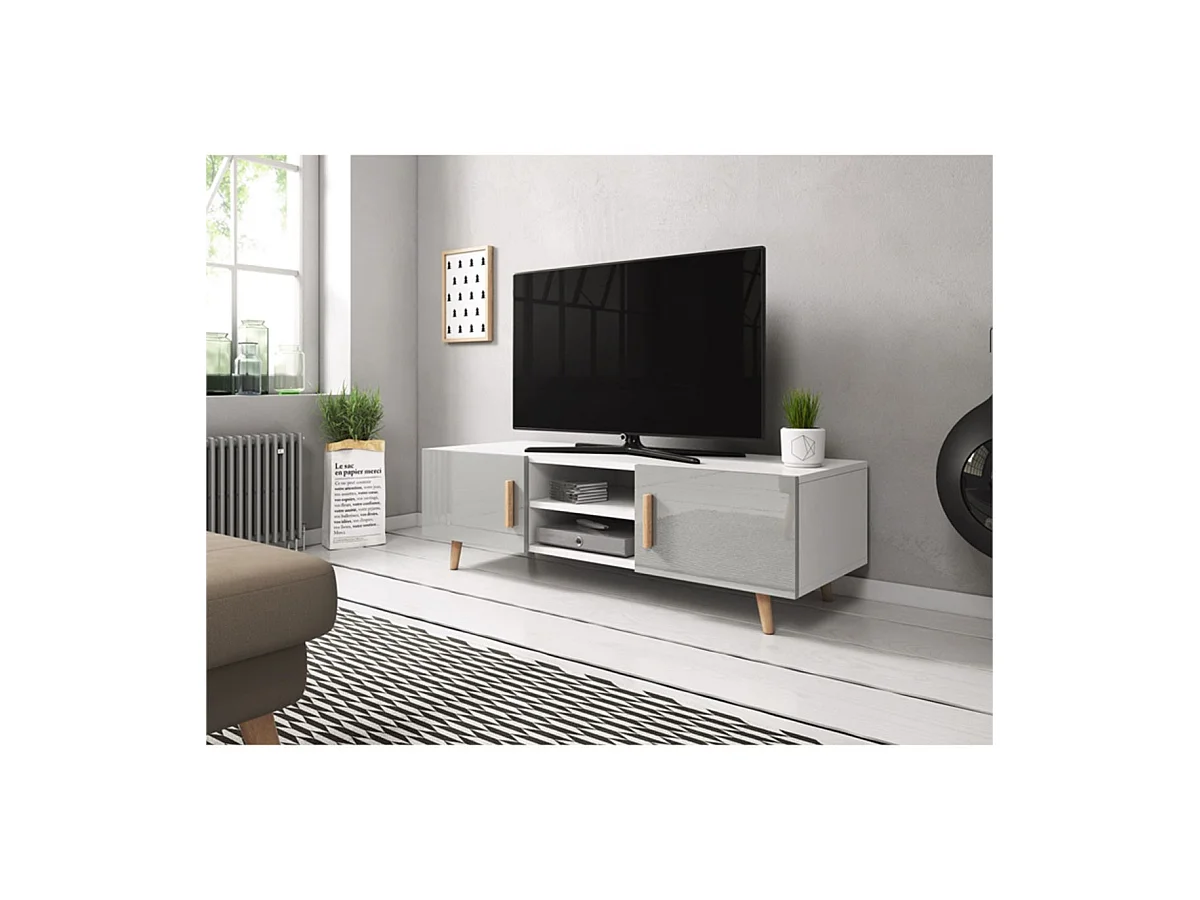 Móvel TV Escandinavo SORAYA 2 Portas 2 Nichos Branco e Cinza, Madeira, 140x42x50 cm, Fabricação Europeia