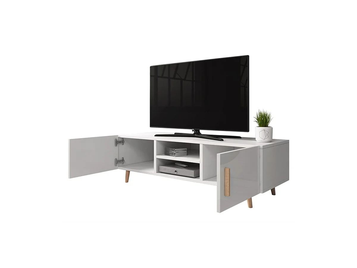 Móvel TV Escandinavo SORAYA 2 Portas 2 Nichos Branco e Cinza, Madeira, 140x42x50 cm, Fabricação Europeia