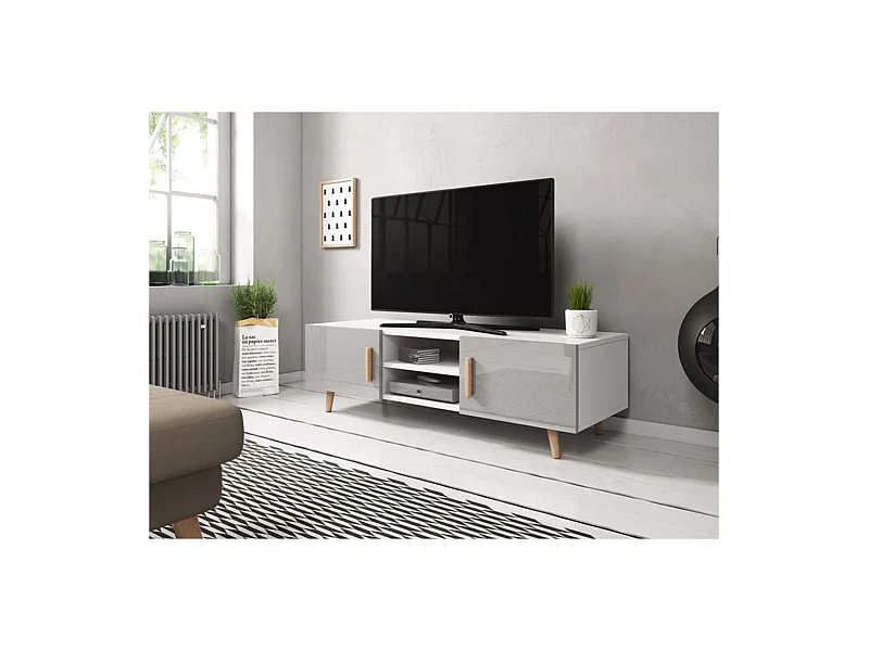 Móvel TV Escandinavo SORAYA 2 Portas 2 Nichos Branco e Cinza, Madeira, 140x42x50 cm, Fabricação Europeia