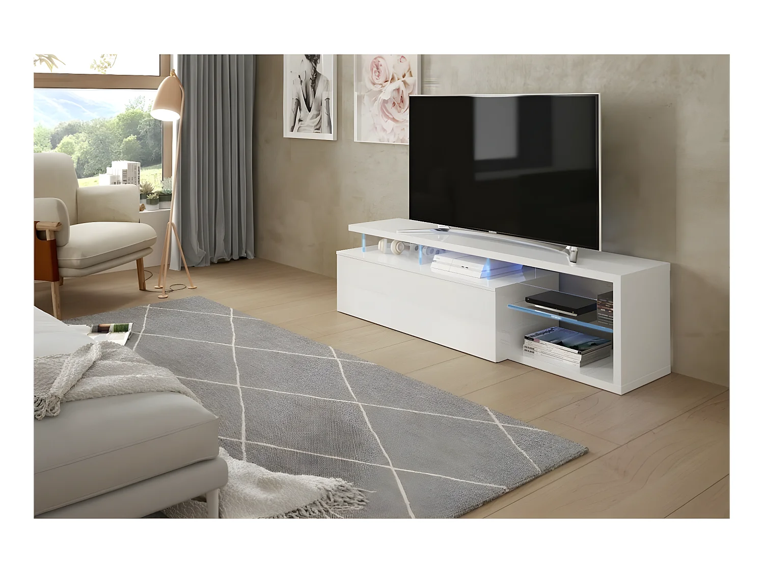 Meuble TV LED 1 porte et 4 niches L150 cm Loungitude