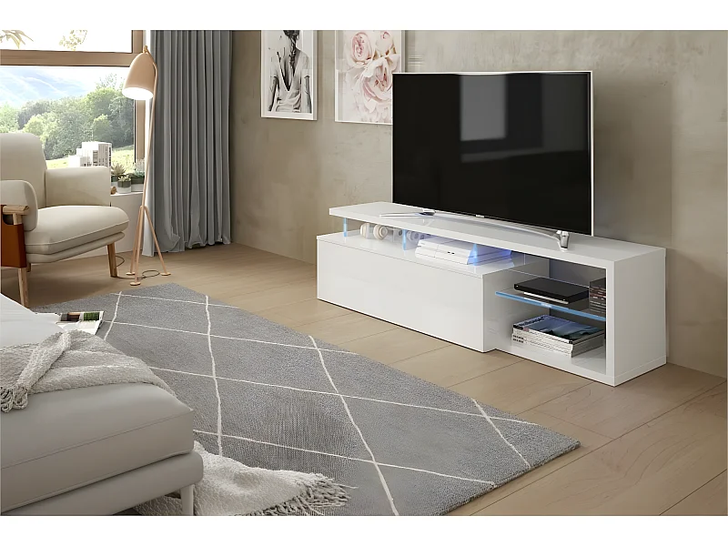 Mebel TV LED Biały Połysk 1 Drzwi 4 Półki 150 cm Nowoczesny Design Loungitude Blue-Tech