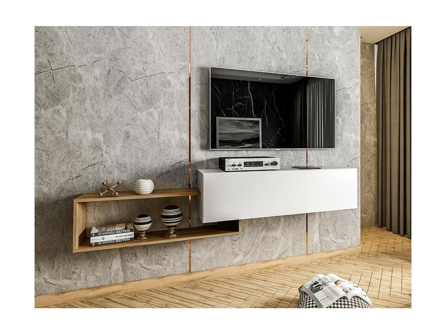 Mueble TV Utica 101, Blanco|Wotan roble, Número de puertas: 1.00, 210x48x35cm