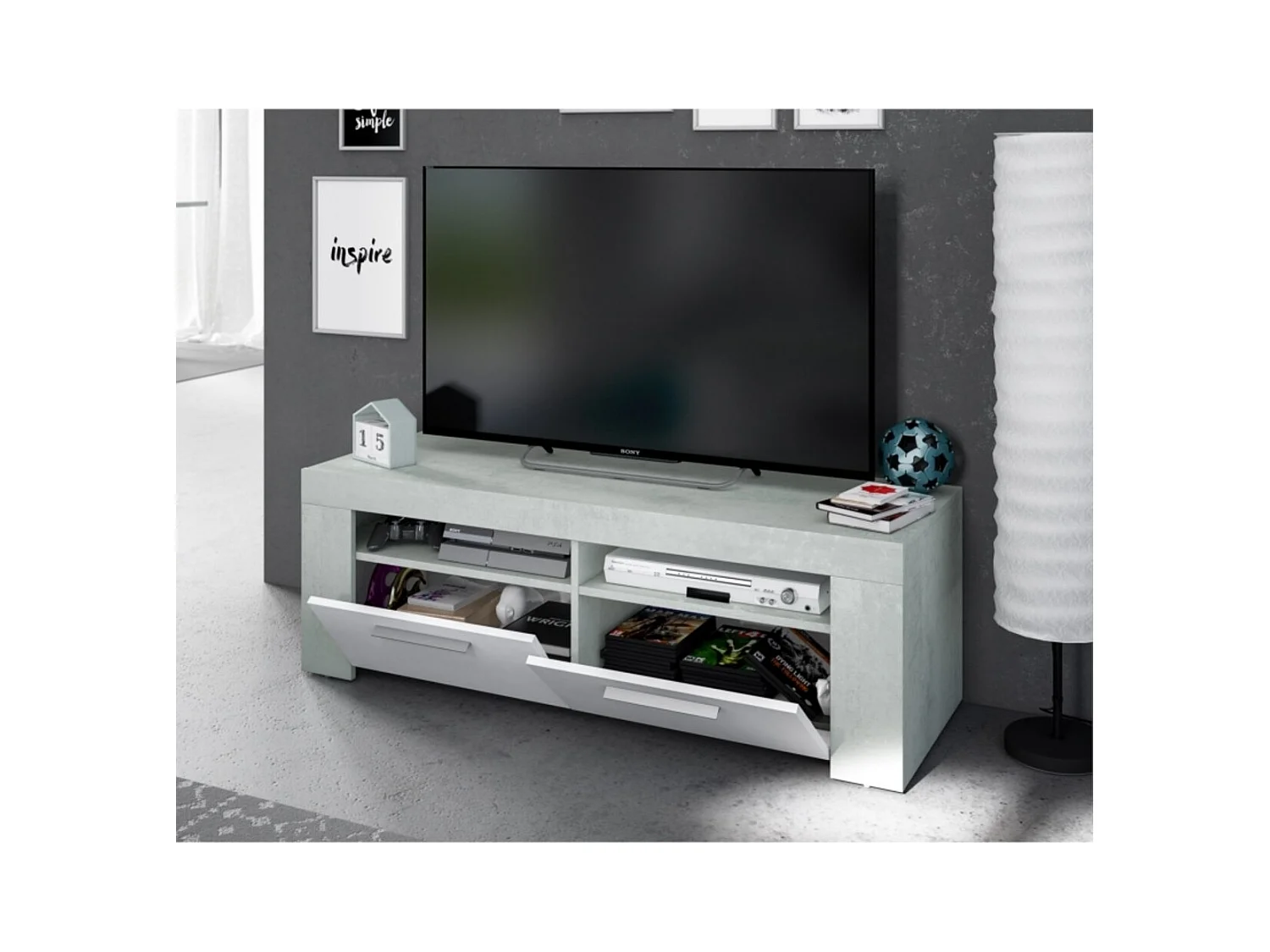 Meuble TV avec 2 portes et 2 niches de rangement L120 cm
