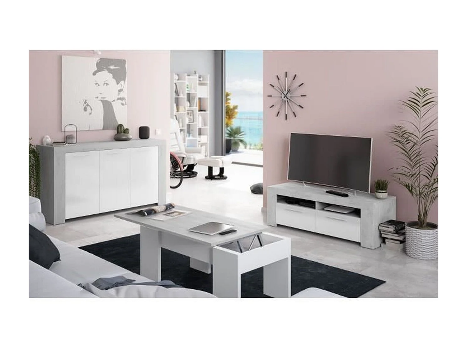 Meuble TV avec 2 portes et 2 niches de rangement L120 cm