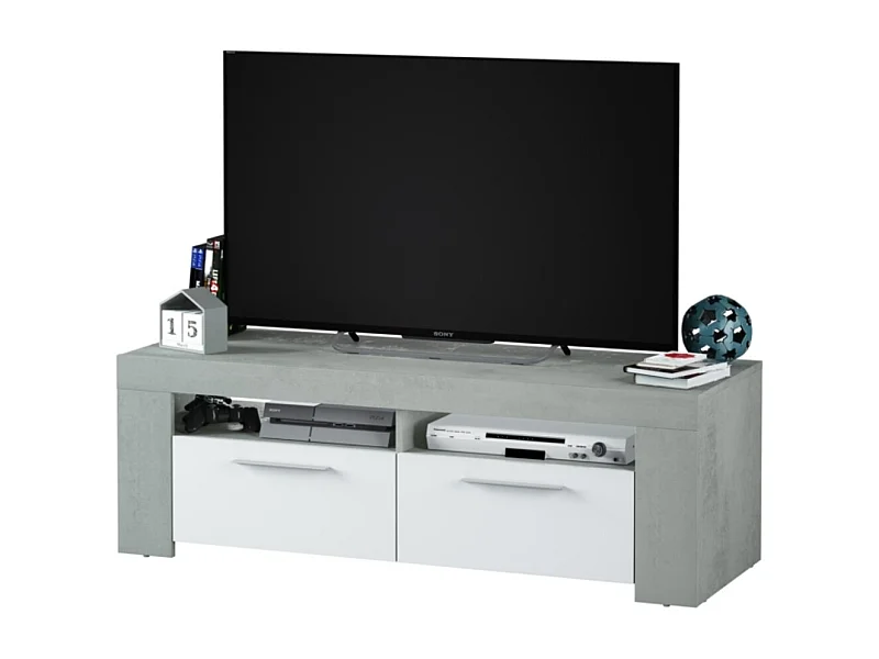 Modernes Industrielles TV-Möbel Weiß und Zement 120 cm - 2 Türen 2 Fächer