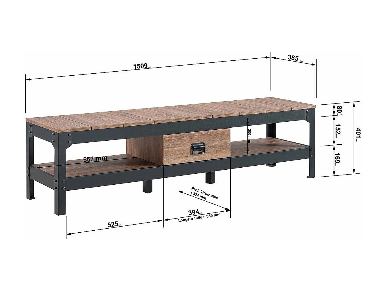 TV-meubel Oude eik met 2 nissen en 1 lade - L151 cm