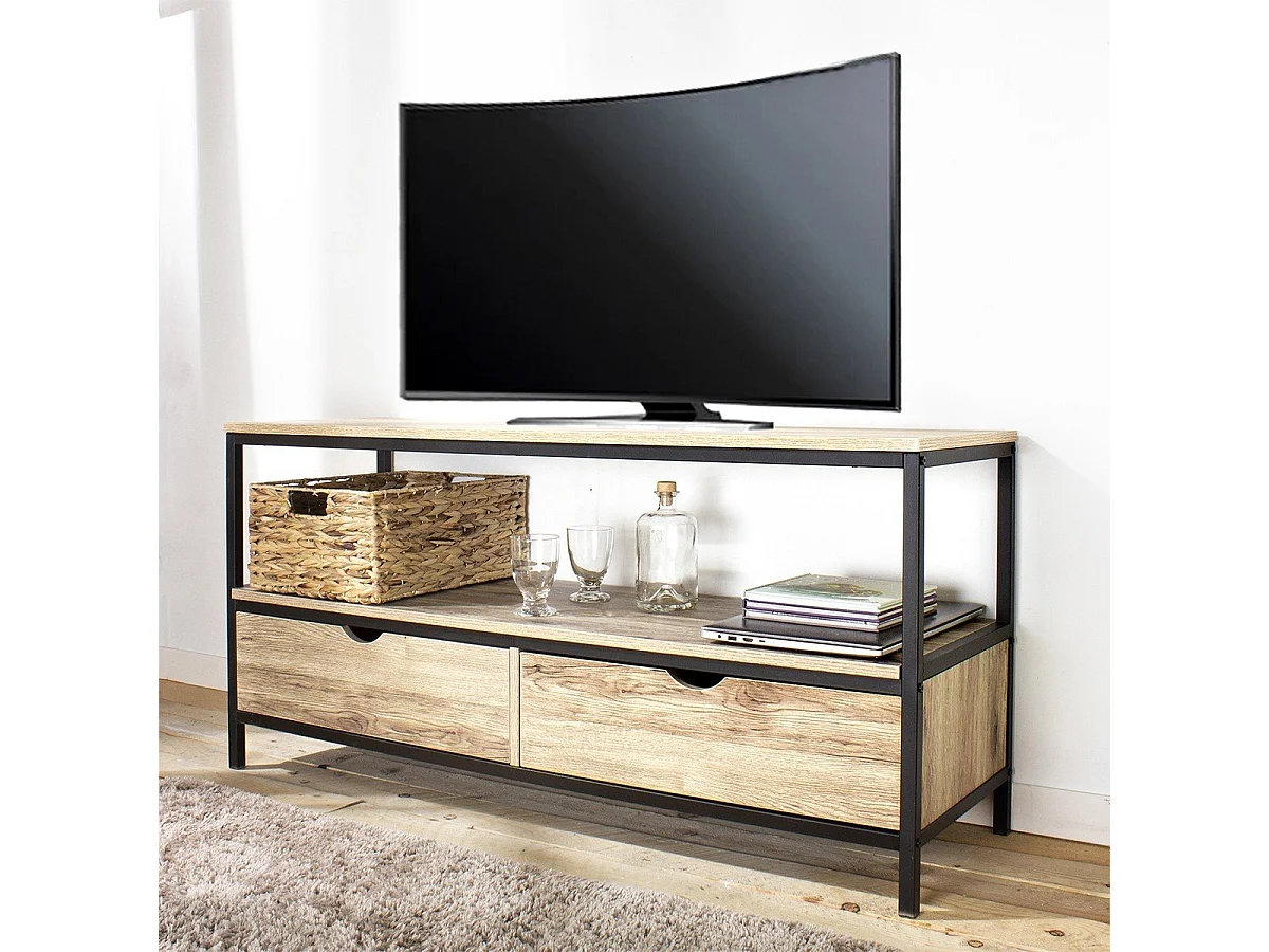 Meuble TV 2 tiroirs métal et bois - L120cm Loft