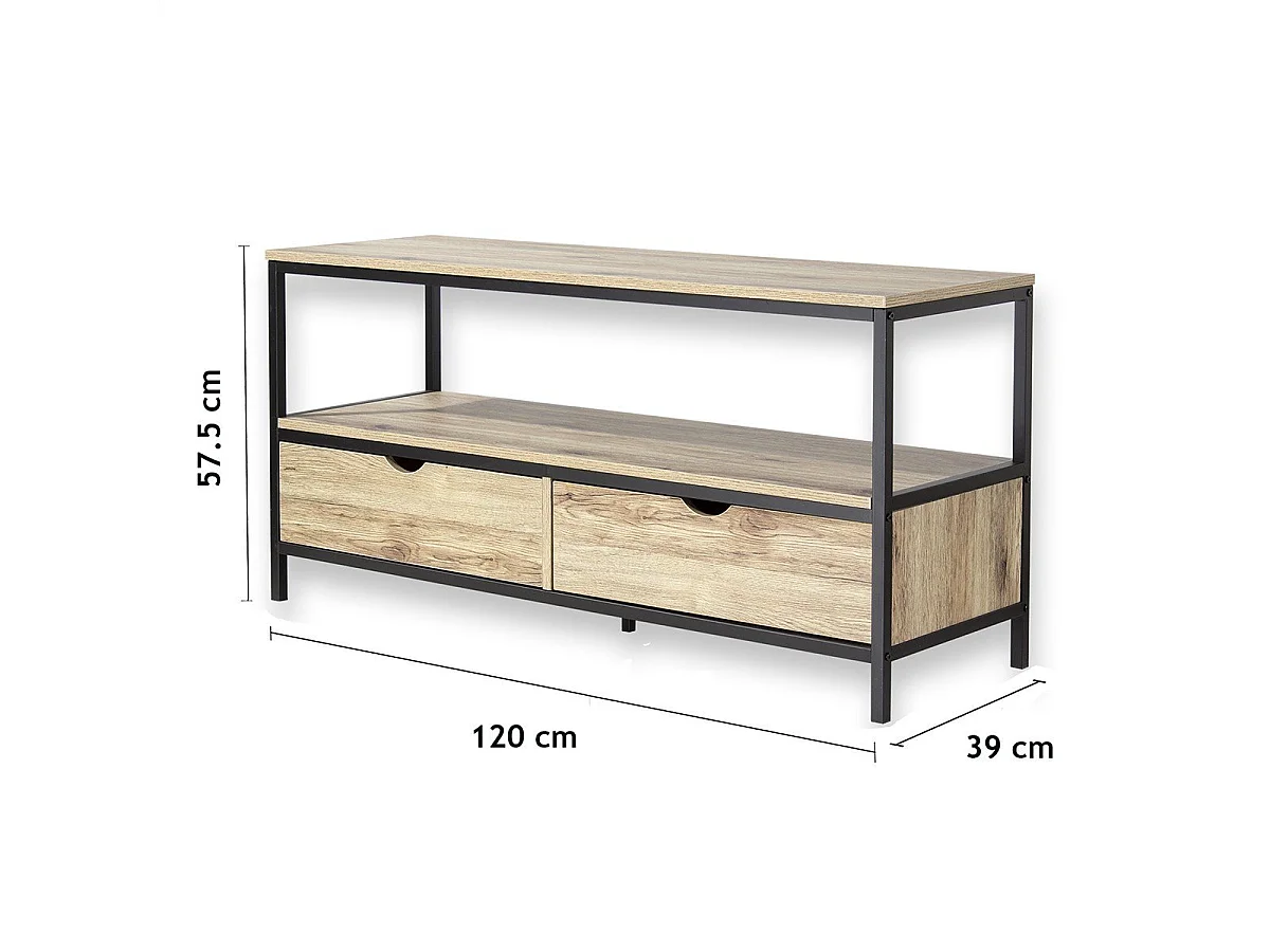 Meuble TV 2 tiroirs métal et bois - L120cm Loft