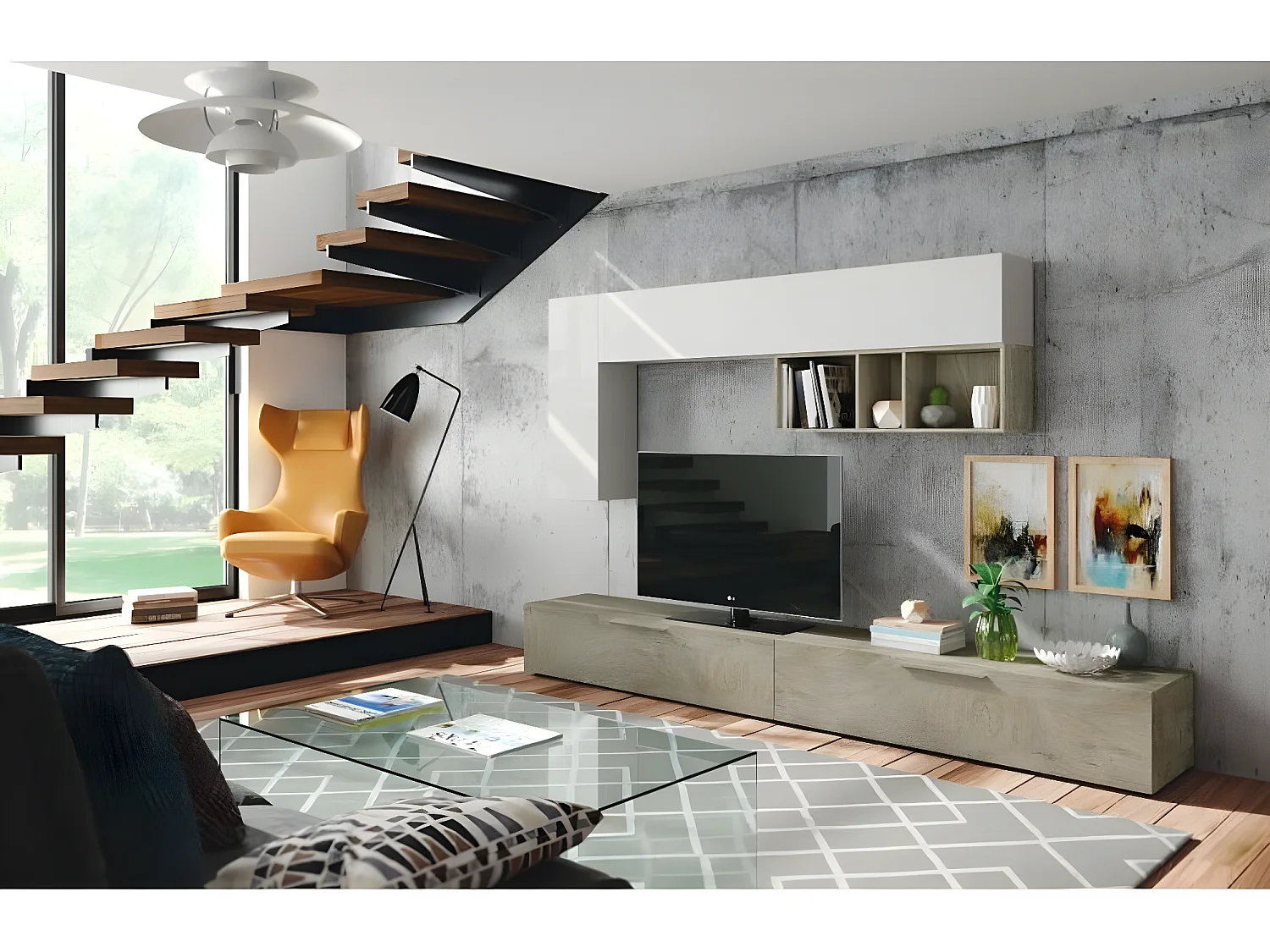 Meuble TV 2 portes L260cm et étagère murale  L210 cm