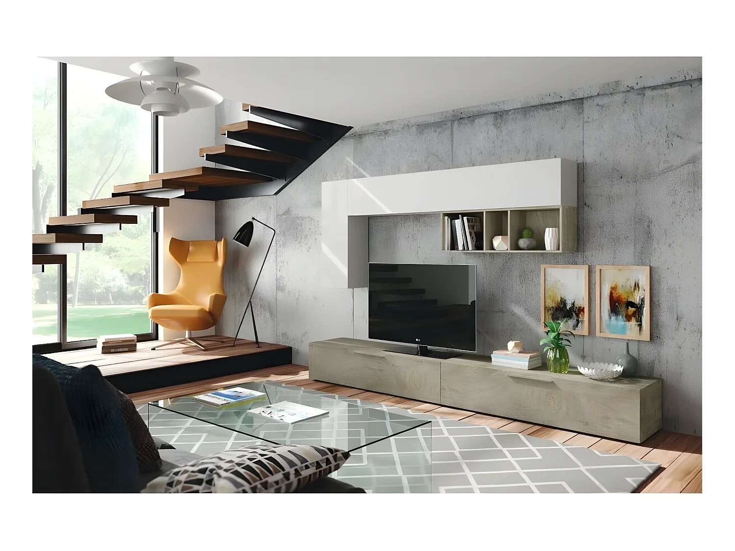 Meuble TV 2 portes L260cm et étagère murale  L210 cm