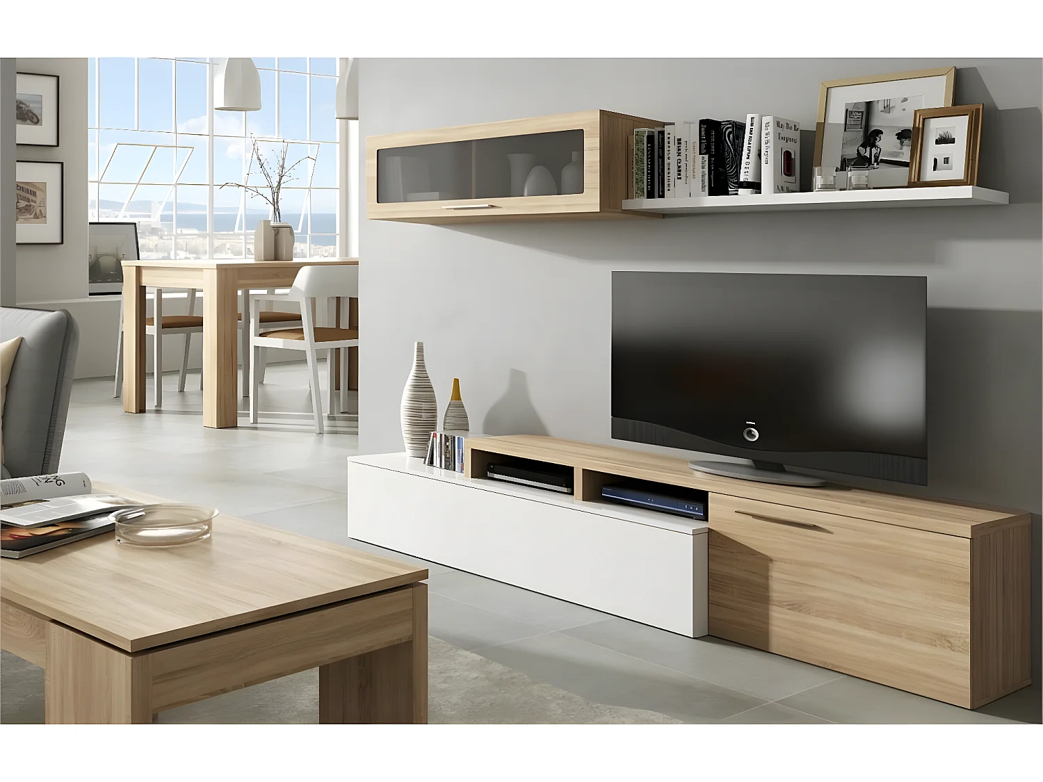 Composición de salón Nexus mueble de TV + módulo flotante roble/blanco brillo