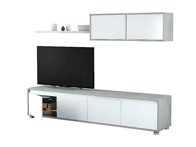ALIDA TVSchrankSet – 4türiger Unterschrank + 2türiger Hochschrank + Hängeregal – Weiß und Zement