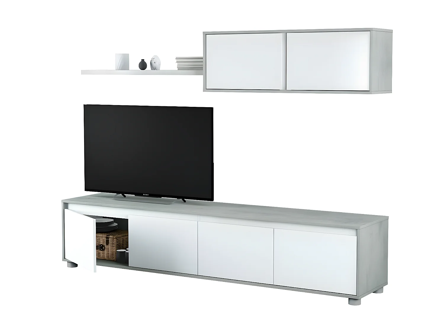 Set di mobili TV ALIDA mobile base a 4 ante + mobile alto a 2 ante + ripiano sospeso Bianco e cemento