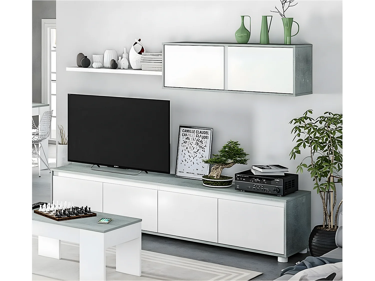 Set di mobili TV ALIDA mobile base a 4 ante + mobile alto a 2 ante + ripiano sospeso Bianco e cemento