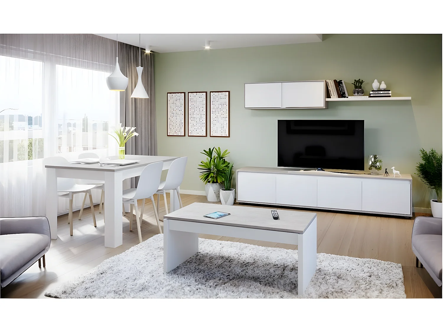 Set di mobili TV ALIDA mobile base a 4 ante + mobile alto a 2 ante + ripiano sospeso Bianco e cemento