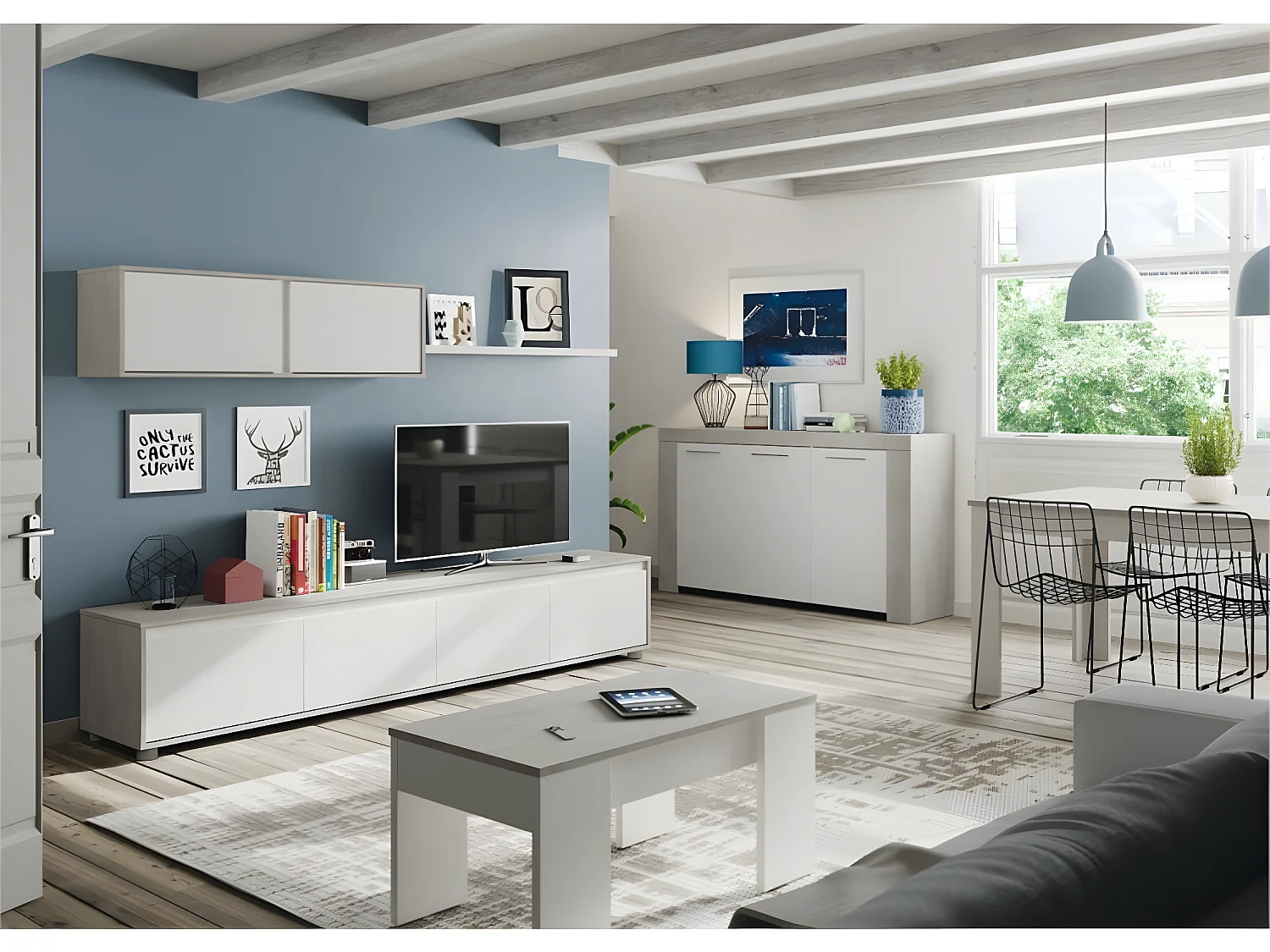 Set di mobili TV ALIDA mobile base a 4 ante + mobile alto a 2 ante + ripiano sospeso Bianco e cemento