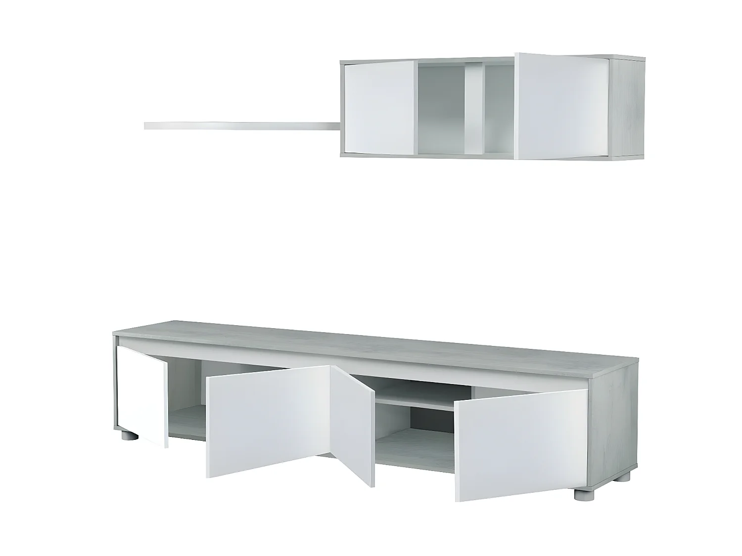Set di mobili TV ALIDA mobile base a 4 ante + mobile alto a 2 ante + ripiano sospeso Bianco e cemento