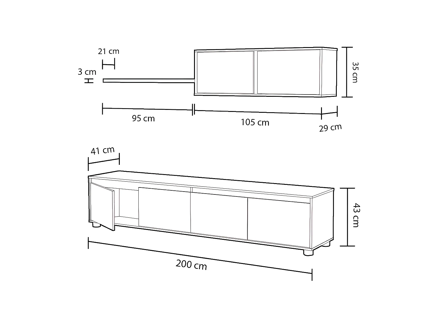 Set di mobili TV ALIDA mobile base a 4 ante + mobile alto a 2 ante + ripiano sospeso Bianco e cemento