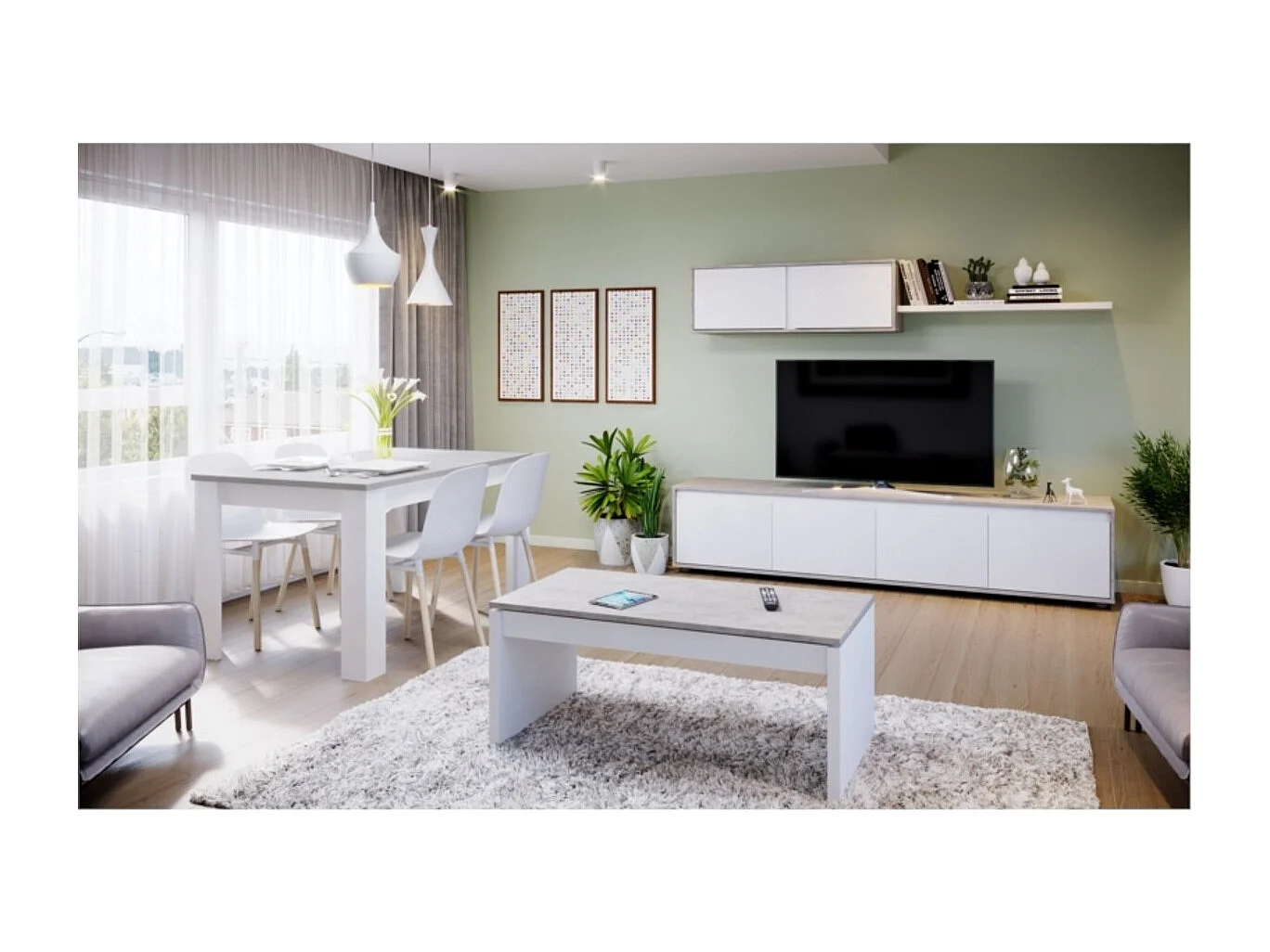Mueble salón 200x43x41 cm cemento y blanco artik 200X43X41 CM