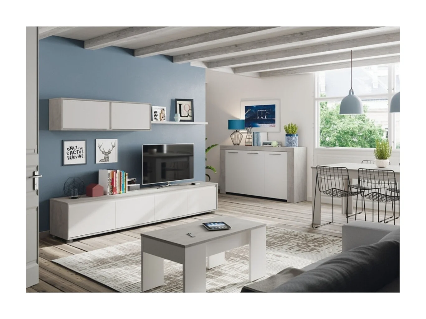 Mueble salón 200x43x41 cm cemento y blanco artik 200X43X41 CM