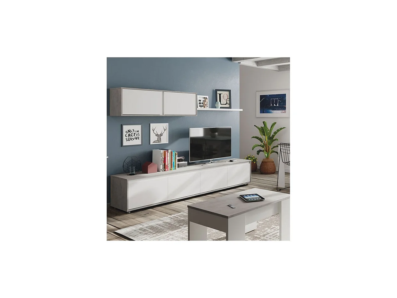 Salón con mueble de TV y estantería en blanco artik y gris cemento 200 cm Alida Blanco Artik (Blanco Mate) - Gris Cemento
