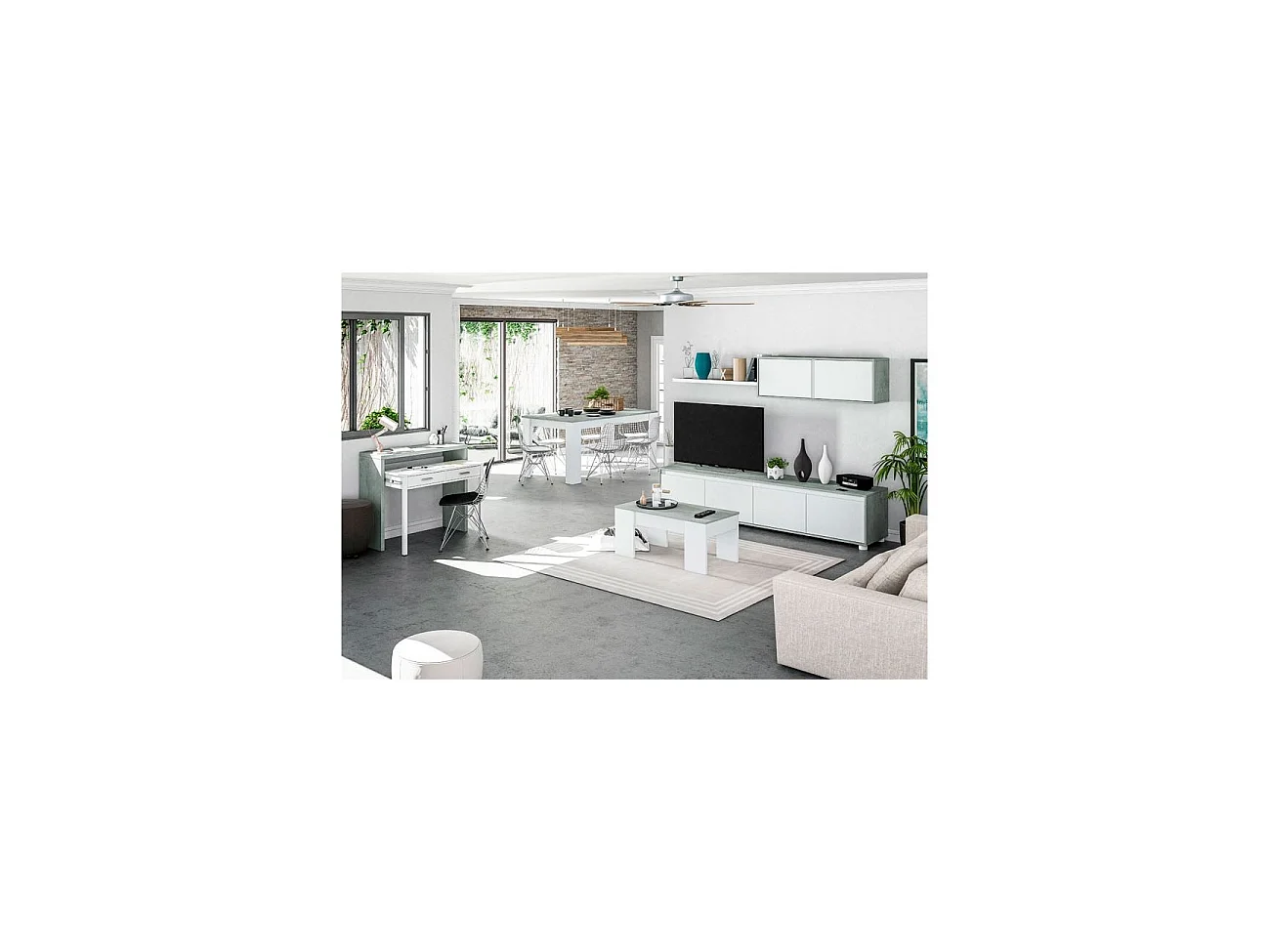 Salón con mueble de TV y estantería en blanco artik y gris cemento 200 cm Alida Blanco Artik (Blanco Mate) - Gris Cemento