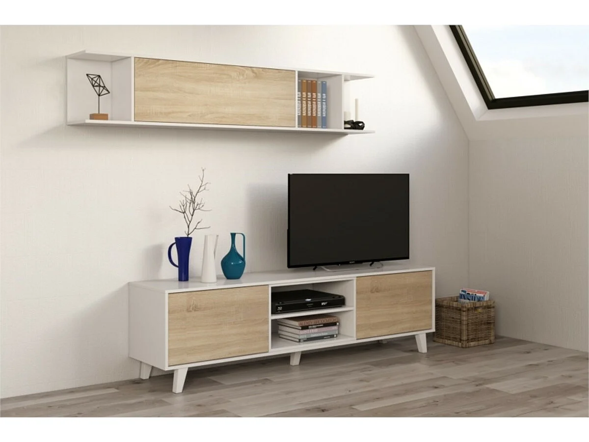 Meuble TV 2 portes avec 2 niches et étagère murale