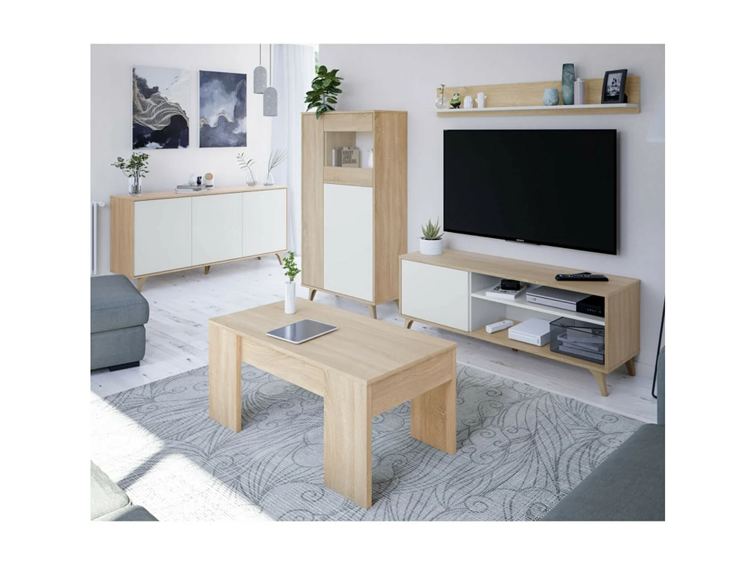 Meuble TV 2 niches et 1 porte avec son étagère murale Kikua Plus - L135 cm