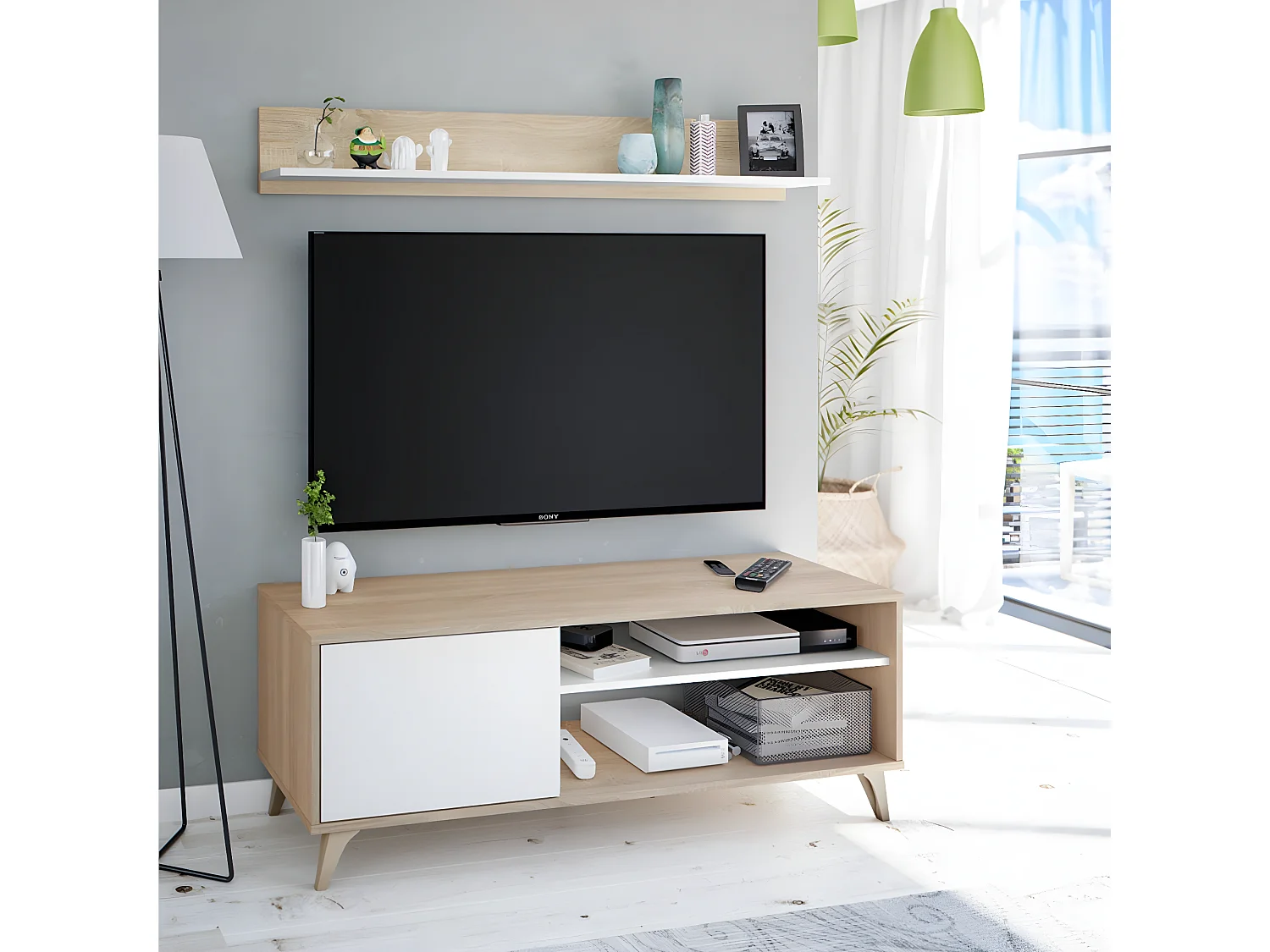 Meuble TV 2 niches et 1 porte avec son étagère murale Kikua Plus - L135 cm