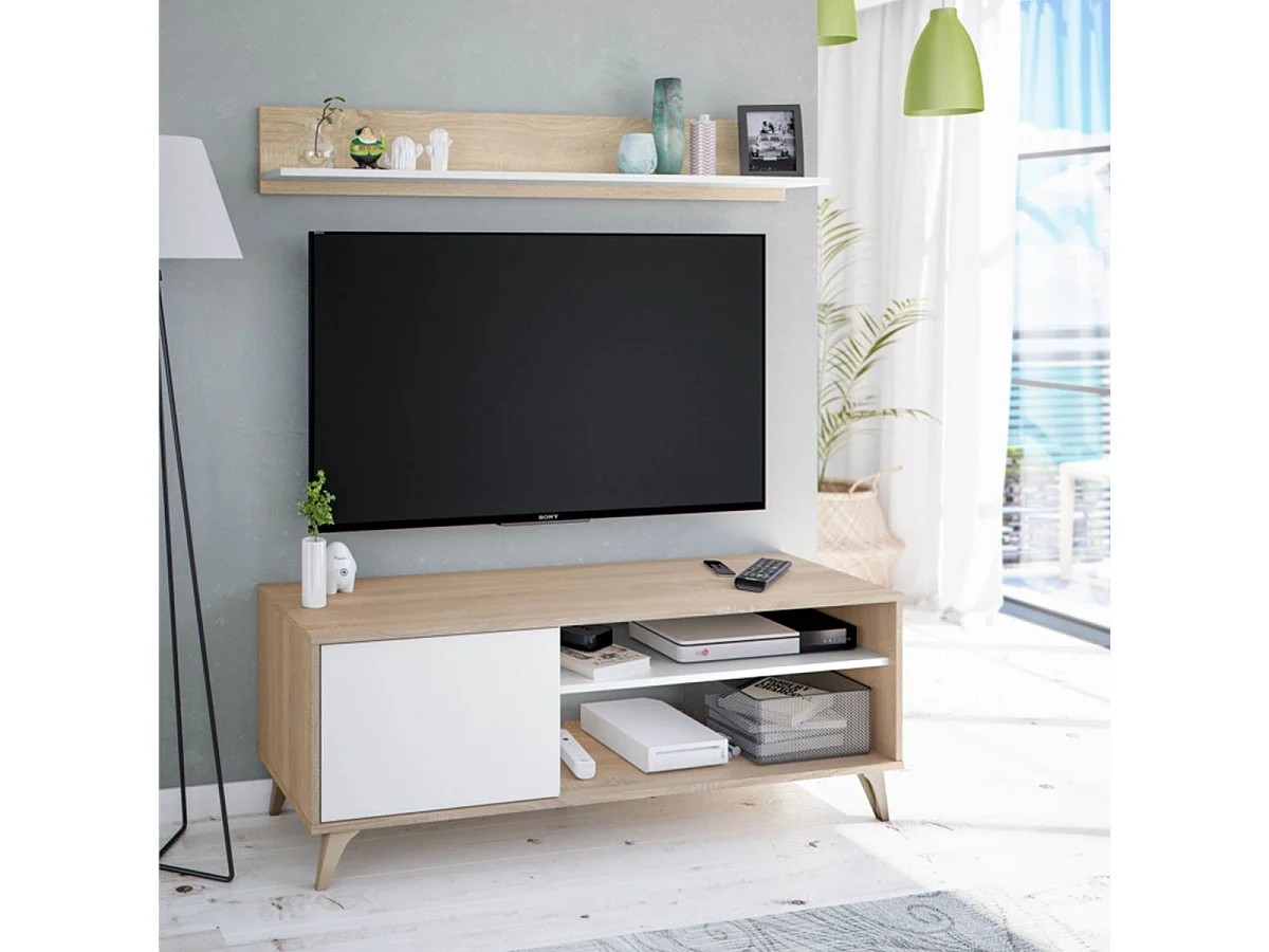 Meuble TV 2 niches et 1 porte avec son étagère murale Kikua Plus - L135 cm