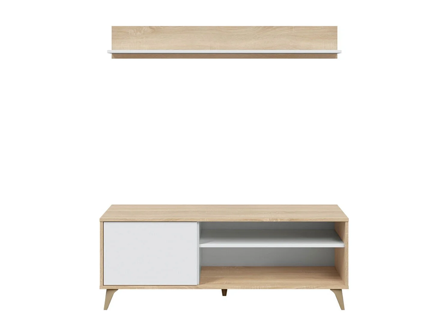 Meuble TV 2 niches et 1 porte avec son étagère murale Kikua Plus - L135 cm
